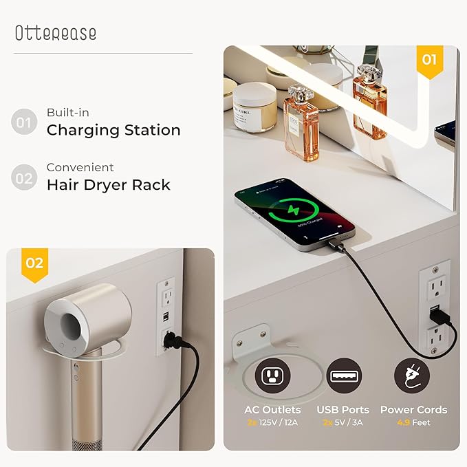 Vanity Desk with Mirror and Lights, 3 Lighting Colors and Power Outlet Makeup Vanity Desk with 5 Large Drawers and 3 Storage Shelves, White Vanity with Storage Stool for Bedroom