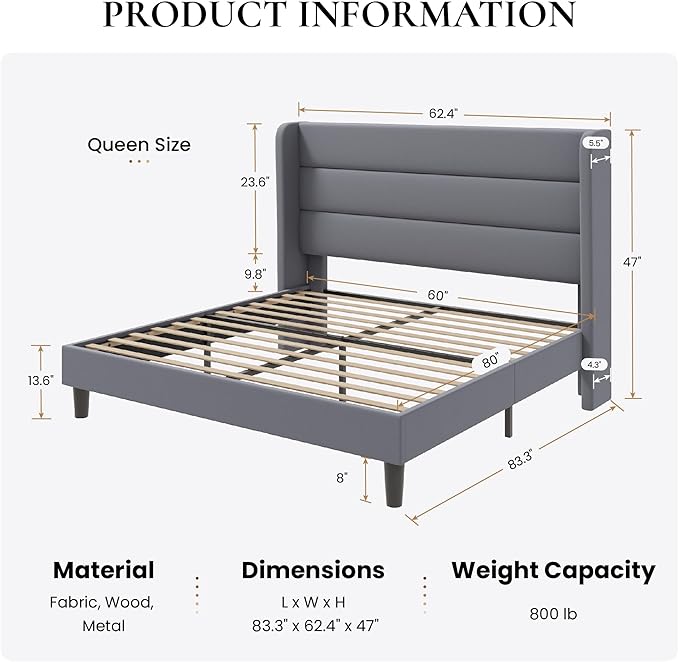 SHA CERLIN Queen Size Velvet Bed Frame/Vertical Channel Tufted Wingback Headboard/Upholstered Platform Bed with Wooden Slats/Mattress Foundation/No Box Spring Needed/Easy Assembly/Grey