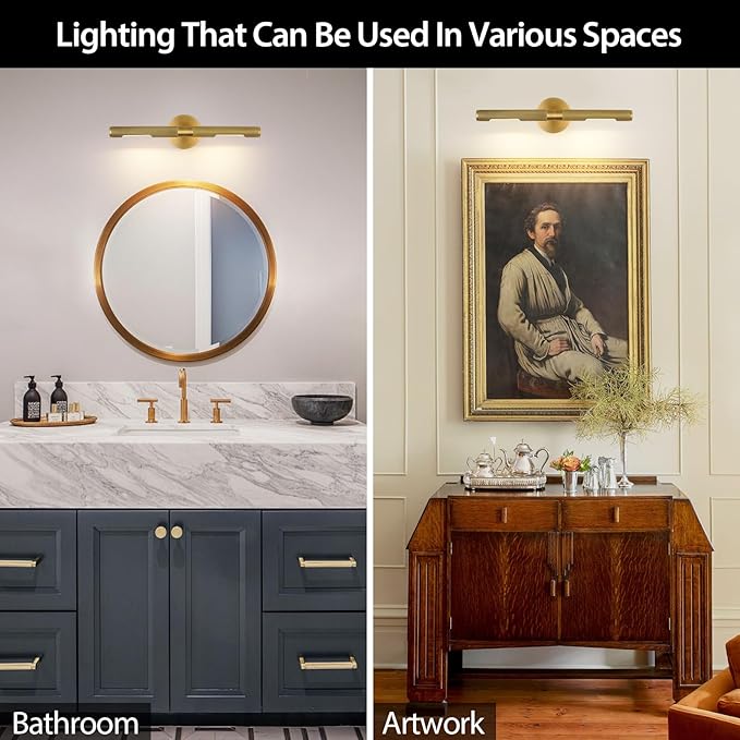 Hardwired Picture Light, 19" Knurled Brass Wall Sconces, Rotatable 360° Picture Lights for Wall, Wall Art Gold Sconces Wall Lighting, Indoor,Bathroom Wall Sconce, Includes Bulbs