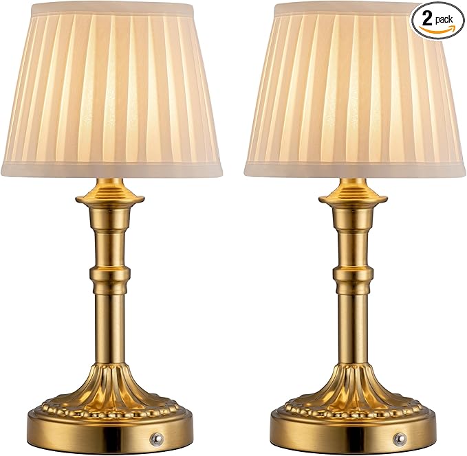 KDG Cordless Portables Table Lamp Set of 2, LED Fabric Shade Small Desk Lamps, 5000mAh Battery Powered Lighting, 2700K Stepless Dimmable Light for Living Room, Dining Room, Bedroom, Bedside (Bronze)