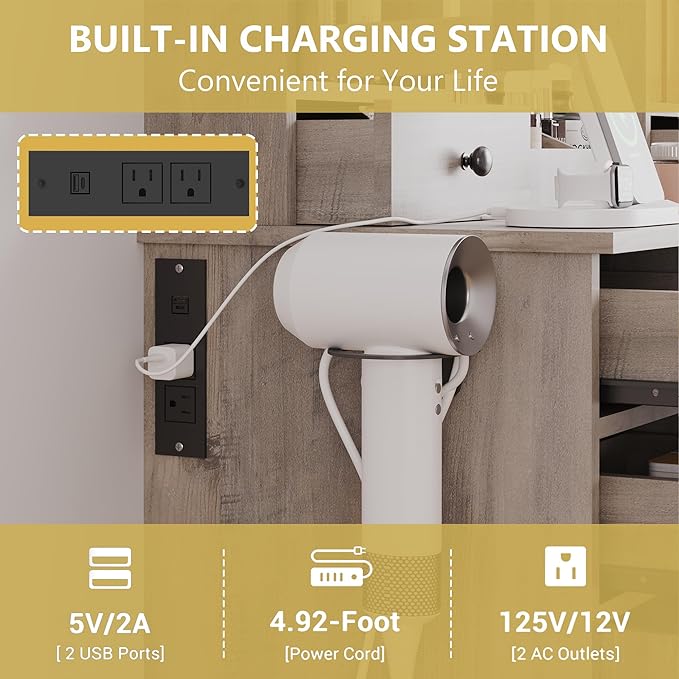 Makeup Vanity Desk with Mirror and Lights, Grey Vanity Table Set with Storage Drawers, Charging Station, Cabinets & Chair, Large Dressing Table with RGB Ambient Light for Women Girls Bedroom Bathroom