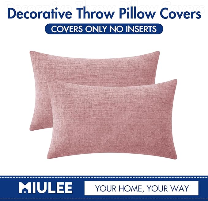 MIULEE Pack of 2 Couch Valentines Throw Pillow Covers 12x20 Inch Soft Spring Blush Pink Chenille Pillow Covers for Sofa Living Room Solid Dyed Pillow Cases