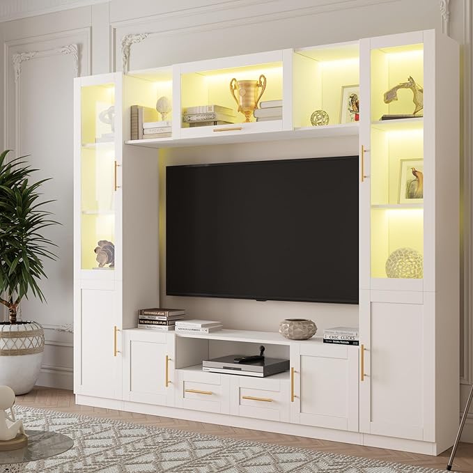 94" Wall Unit Entertainment Center for TVs up to 70", Modern TV Console with LED Lights, Multifunctional TV Stand with Tempered Glass Door, Drawers & Shelves for Living Room, White