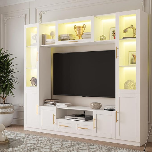 94" Wall Unit Entertainment Center for TVs up to 70", Modern TV Console with LED Lights, Multifunctional TV Stand with Tempered Glass Door, Drawers & Shelves for Living Room, White