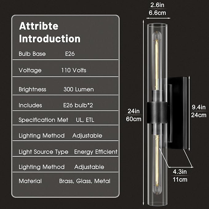 Bathroom Black Vanity Vertical Linear Light - 2-Light Tube Wall Sconces, 24" Vertical Vanity Wall Lighting, E26 Bulb Included