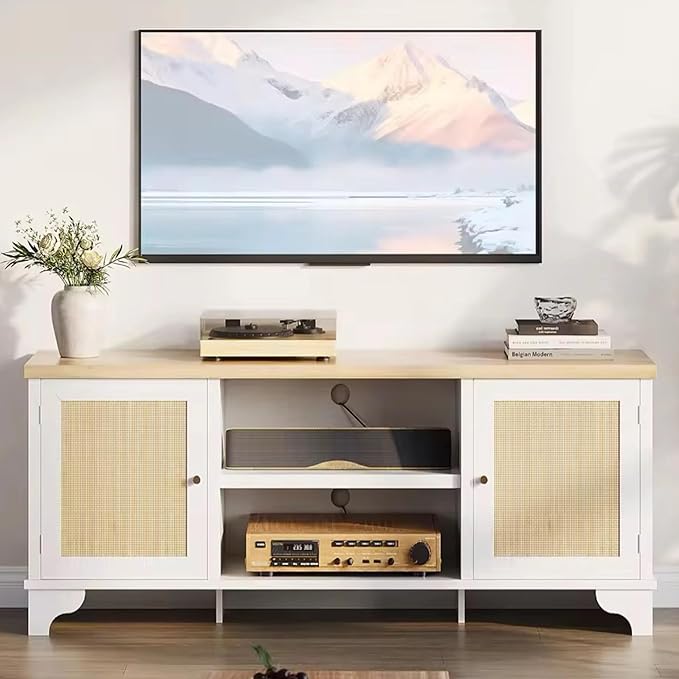 GAOMON Rattan TV Stand Fits TVs Up to 70 Inches, Farmhouse Entertainment Center with Cabinets and Open Shelves, Wooden Media Console Table for Living Room, White
