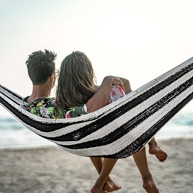 Lazy Daze Hammocks Handwoven Mayan Hammock, 10.5 FT Soft Rope Double Hammocks, Portable Outdoor Hammock with Carry Bag, 2 Straps & carabiners for Patio Outside, 550 lbs Weight Capacity, Black/White
