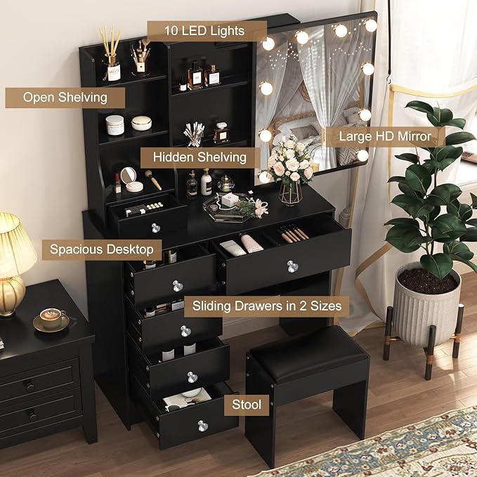 Black Vanity Desk with Lights, Makeup Vanity Table Set with Chiar and Storage Drawers, Vanity with Lights for Bedroom, Dressing Table for Teen Girls and Women