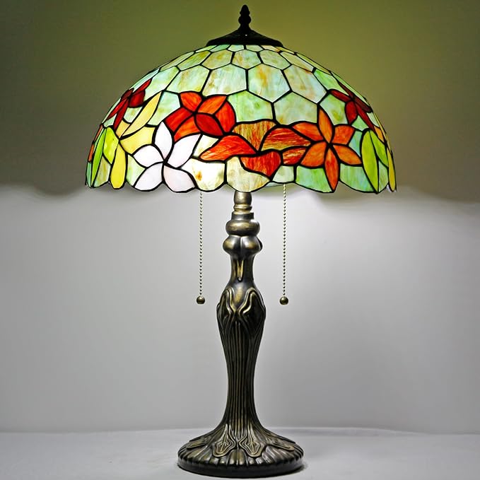 Tiffany Table Lamp Stained Glass Lamp 16X16X24 Inch Antique Reading Light (Green Red Flowers)