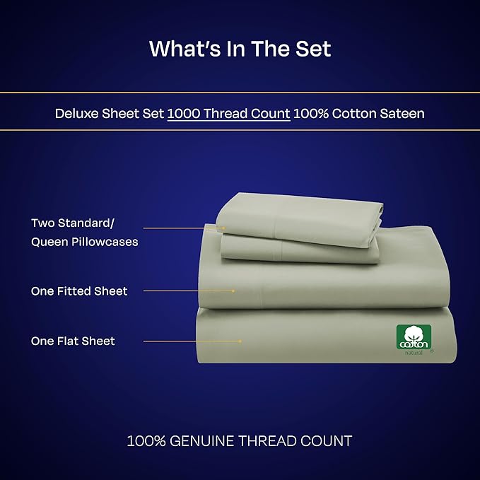 California Design Den Thick and Natural 100% Cotton Bedsheets Queen Size Bed Set - Luxury 1000 Thread Count Sheets, Soft Sateen, Deep Pockets, Breathable and Durable Bedding Set - Sage Green