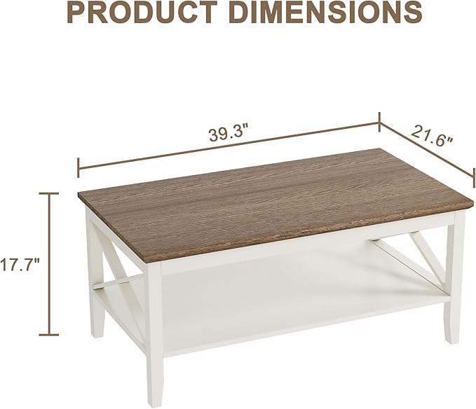 ChooChoo Farmhouse Coffee Table, Wooden Coffee Tables with Thicker Legs, White Coffee Table with Storage for Living Room