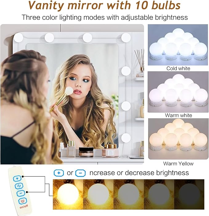 Vanity Desk with Mirror and Lights, with Power Outlet and 10 Lights Modern Capacity Makeup Vanity with 3 Drawers, Makeup Table for Bedroom,Makeup Room,White