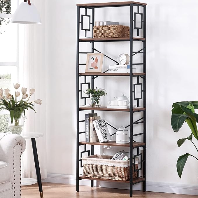 HOMISSUE Bookcase,6-Tier Tall Bookshelf Metal Bookcase and Bookshelves, Free Standing Storage Modern Bookshelf for Home Office Living Room and Bedroom, Rustic Brown