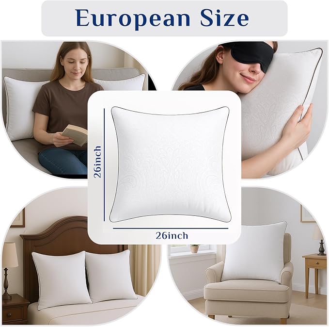 JOLLYVOGUE Euro Pillows for Sleeping, Soft and Supportive Throw Pillows for Couch, Bed and Sofa, Down Alternative Pillow, 26x26 Inches