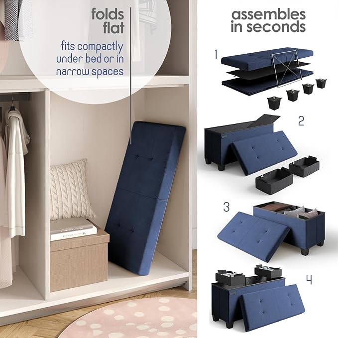 STORAGEBUD Storage Ottoman Bench with Bins, 30-in Storage Bench for Bedroom End of Bed, Folding Foot Rest Ottoman for Living Room Max 660lbs, Velvet Ottomans, Blue