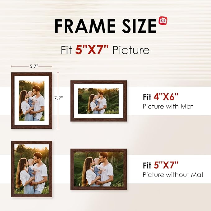 FIXSMITH 5x7 Picture Frame Set of 2, Photo Frame with HD Plexiglass, Display Pictures 4x6 with Mat or 5x7 Without Mat, Brown Picture Frames Collage for Tabletop or Wall Display