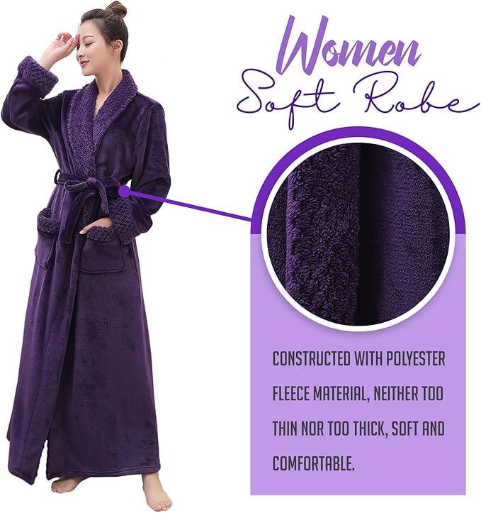 Hellomamma Long Bath Robe for Womens Plush Soft Fleece Bathrobes Nightgown Ladies Pajamas Sleepwear Housecoat