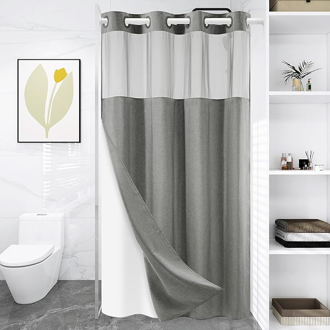 Stall No Hook Shower Curtain with Snap in Liner, Polyester Textured Shower Curtain with Liner Set, Waterproof Washable Hotel Style Shower Curtains for Bathroom, 36Wx74H, Grey