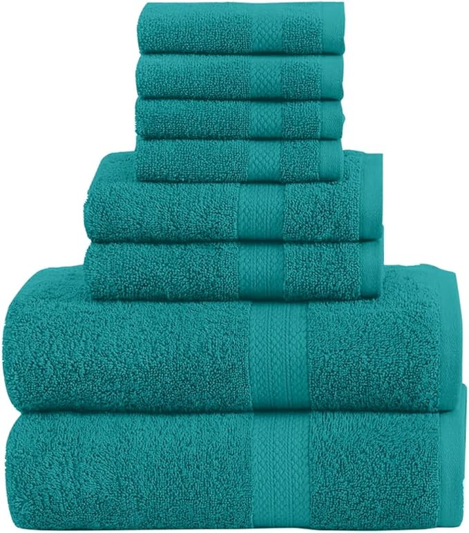 Pack of 8 Towels Set, 2 Large Bath Towels, 2 Hand Towels, 4 Wash Cloths, 100% Cotton, Lighter Weight, Quicker to Dry, Super Absorbent, Perfect for Bathroom (Teal)