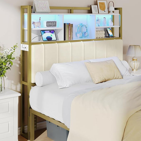 Headboard with 3-Tier Storage Shelves, Velvet Upholstered Head Board with 2 Outlets, USB Ports & LED Light, Soft Backrest for Full Size Bed, White and Gold BH13803A