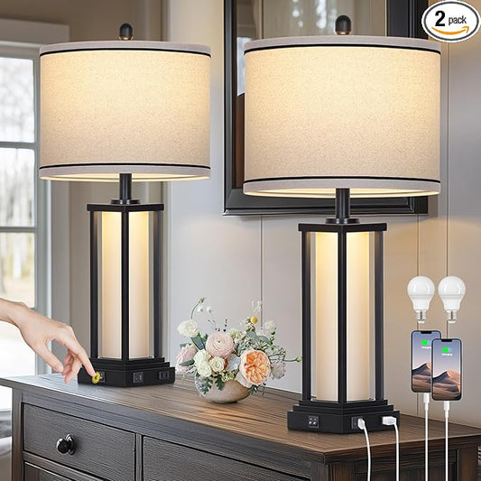 27" Tall Vintage Table Lamp Set of 2 with USB C+A & Outlet,Black Industrial End Table Lamp for Living Room,Farmhouse Rustic Bedside Lamps with Frosted Glass Night Light for Bedroom Nightstand,Black