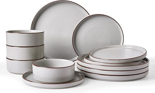Famiware Nebula Ridge Stoneware Dinnerware Sets, Plates and Bowls Sets for 4, 12 Pieces Dishes Set, Microwave and Dishwasher Safe Kitchen Plates, Light Gray