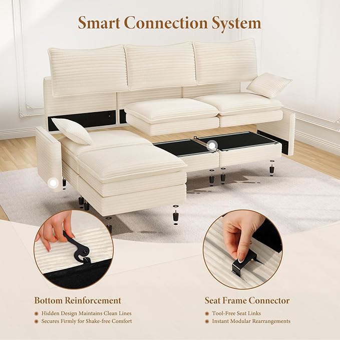 Vesgantti 108" U Shaped Sectional Couch, Comfy Cloud Modular Sectional Sofa with 2 Ottoman Deep Seat Corduroy Modern Cloud Sofa, Modular Sofas for Living Room, Bedroom and Apartment, Beige