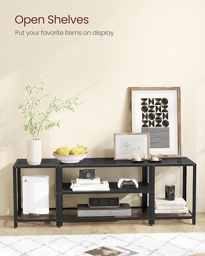 VASAGLE Modern TV Stand for TVs up to 65 Inches, 3-Tier Entertainment Center, Industrial TV Console Table with Open Storage Shelves, for Living Room, Bedroom, Black with Wood Grain ULTV097B22