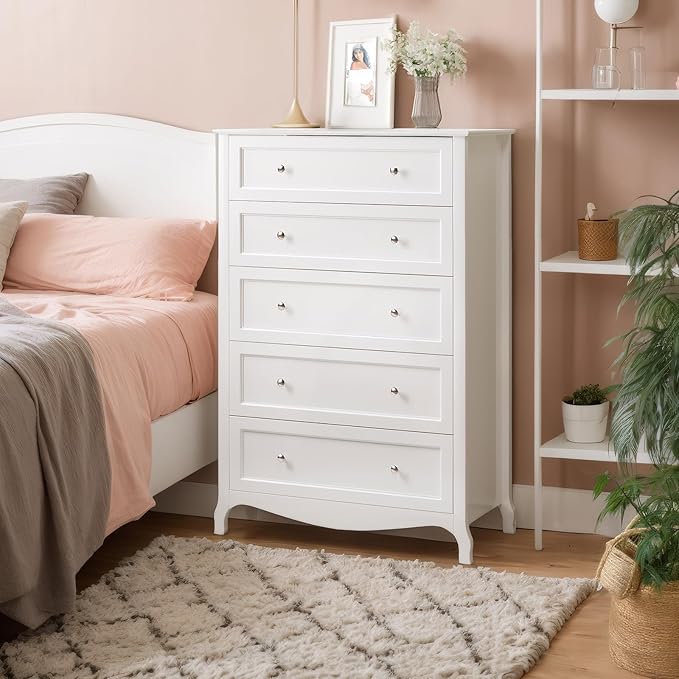 VINGLI White Dresser 5 Drawer Chest of Drawers for Bedroom, 44.5" Tall Wood Dresser with Drawers, 29.92" W*15.75" D*44.49" H