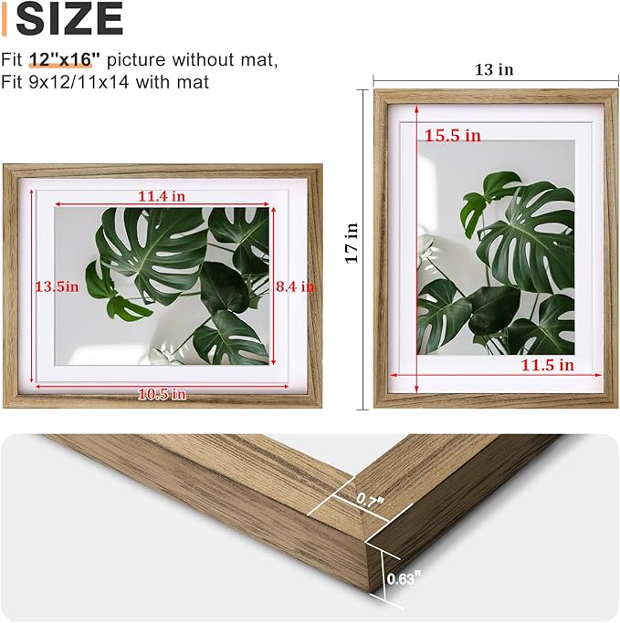 Egofine 12x16 Picture Frame with Plexiglass Made of Solid Wood, Display Pictures 9x12/11x14 with Mat or 12x16 Without Mat for Wall Mounting, Carbonized Brown