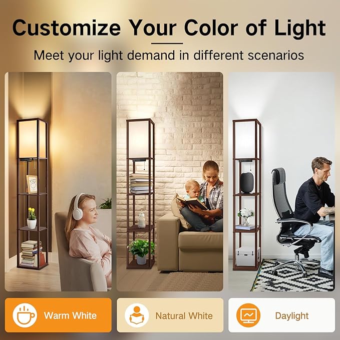 OUTON Floor Lamp with Shelves, LED Shelf Floor Lamp with USB & Type C Ports, 1 AC Outlet, 3 Color Temperature, Storage Display Wood Column Tall Standing Lamp for Living Room, Bedroom Office, Walnut