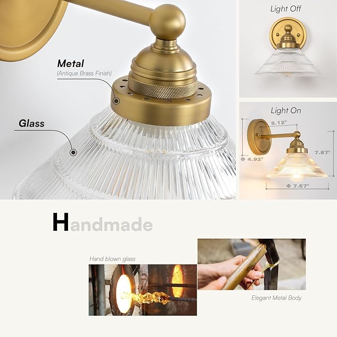 Vintage 1-Light Wall Sconce with Clear Ribbed Glass Shade, Industrial Hardwired Wall Light Fixture for Bedside Living Room Vanity Bathroom Hallway