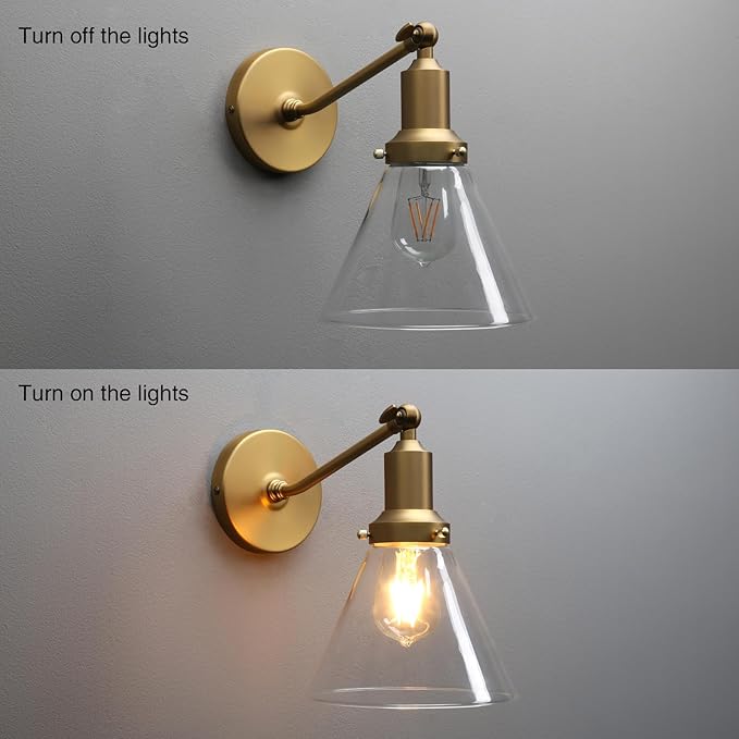 PERMO Industrial Vintage Slope Pole Wall Mount Single Sconce with Funnel Flared Clear Glass Shade Wall Sconce Light Lamp Fixture Hardwired (Antique Gold)