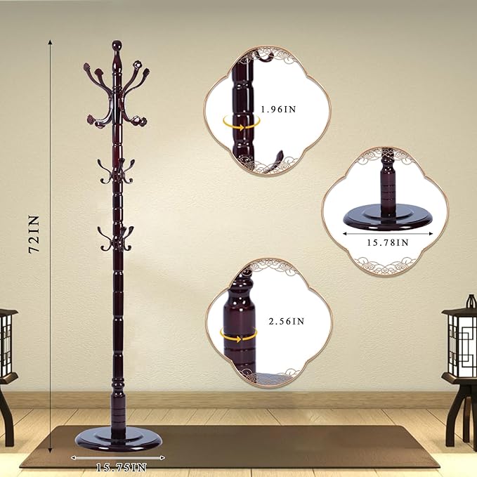 Coat Rack Freestanding, Wooden Tree Coat Rack Stand with 3 Adjustable Sizes Coat Tree and 14 Hooks, Sturdy Hall Tree with Solid Round Base for Entryway, Hallway,Bedroom (Rosewood Ruyi Hook)
