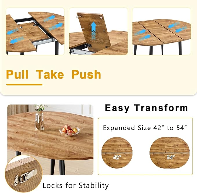 42"-54" Extendable Dining Table Set for 6, Oval Dining Table Set for 6, 0.73" Thick Wood Tabletop with Smooth Edge, Black Metal Leg with Non-Slip Footmat, 6 Soft PU Chairs, for Kitchen, Small Space