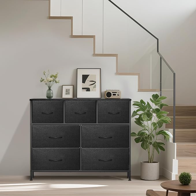 Dresser for Bedroom with 7 Drawers, Chest of Drawers, Storage Drawers Organizer Unit, Black Wide Fabric Dresser with Fabric Bins for Closet, Living Room, Entryway (Charcoal Black)