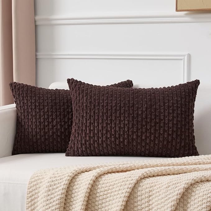 Kevin Textile Decorative Pillow Covers Set of 2 Striped Plush Corduroy Rectangle Lumbars Boho Home Decor Cushion Covers for Couch Sofa Bed Living Room 12x20 Inch, Coffee