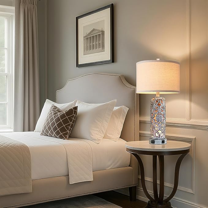 25'' Set of 2 Farmhouse Table Lamps with 2 USB Ports for Living Room Bedroom, Rustic Vintage Table Lamp with Nightlight, Earthy Yellow Hollow Out Resin Lamp for End Table, 2 Bulbs Included