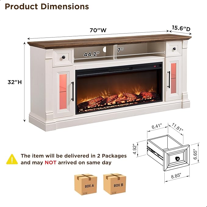 OKD Fireplace TV Stand for 80 Inch TV - Farmhouse Entertainment Center with 42" Electric Fireplace & LED Lights, Wood Media Console with Storage Drawers & Cabinets for Living Room, Antique White