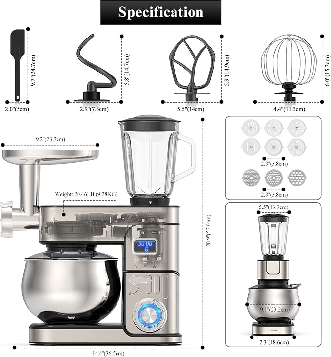 6-IN-1 Stand Mixer, LCD Display Kitchen Electric Mixer, 6.5QT Stainless Steel Bowl, Multi-Function Kitchen Blender With Dough Hook, Whisk, Beater, Meat Grinder, Splash Guard