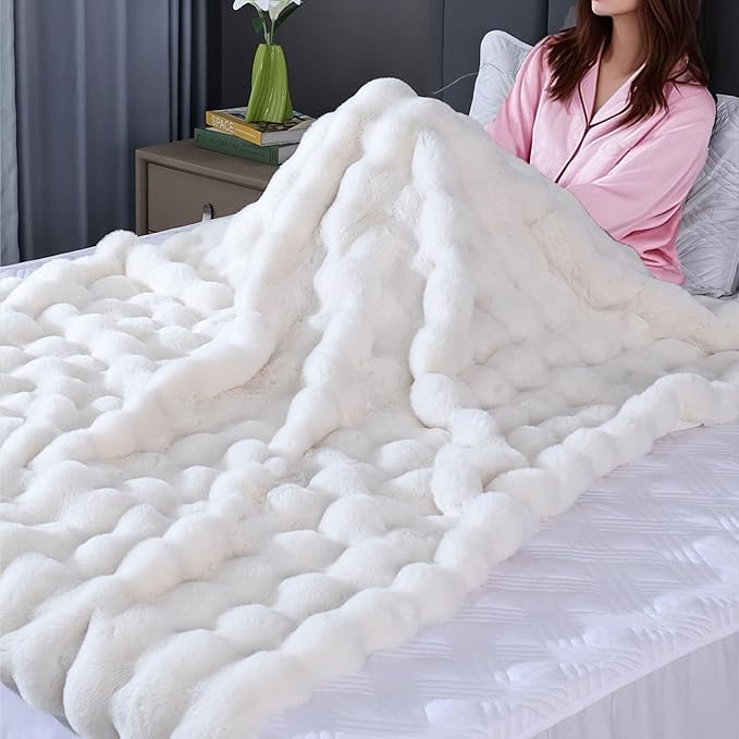 Fluffy Fuzzy Cozy Faux Fur Throw Blanket for Living Room Couch Cream Beige Bubble 60X80 Throw Blanket for Apartment Bed Gift Office Decorative Blanket Decor 860 GSM