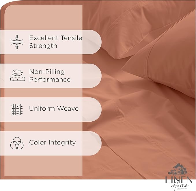 Linen Home 100% Cotton Percale Sheets King Size, Tera Clay, Deep Pocket, 4 Pieces Set - 1 Flat, 1 Deep Pocket Fitted Sheet and 2 Pillowcases, Crisp Cool and Strong Bed Linen