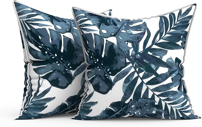 Outdoor Throw Pillows Inners, Fade Resistant Patio Furniture Square Pillows with Piping Set of 2, 18x18 Inch, Palm Blue