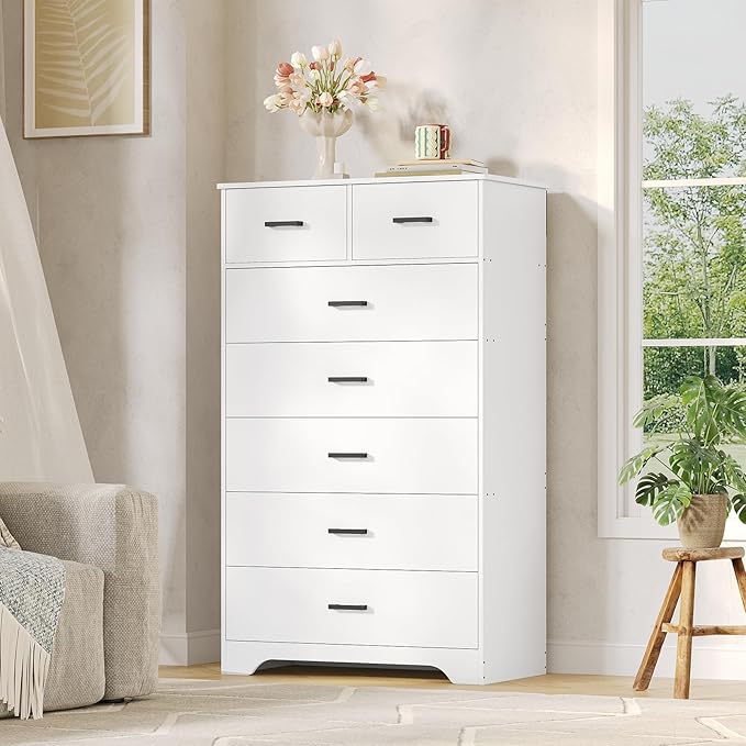 DICTAC White Dresser for Bedroom with 7 Drawers, 55.7" Tall Dressers Chest of Drawers, Modern Large Wood Storage Dresser Organizer with Metal Handle, Vertical Dressers for Bedroom Living Room Nursery