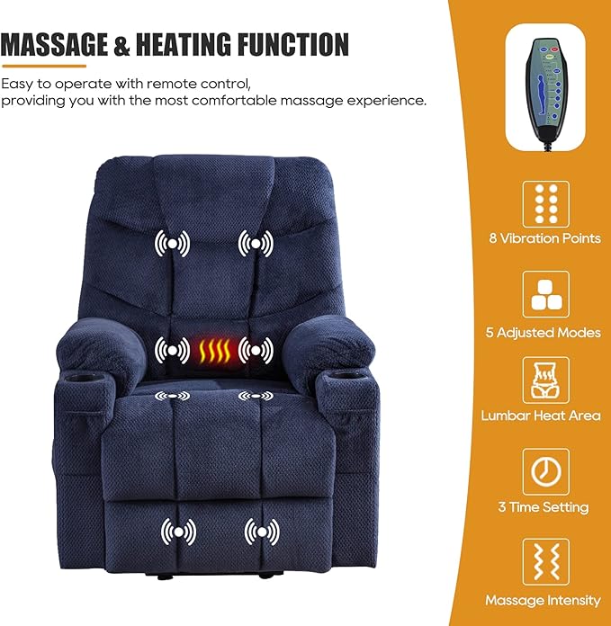 Power Lift Recliner Chair for Elderly, Lift Chair with Heat and Massage, Power Lift Recliners for Living Room with Infinite Position, USB-A＆C, Cup Holder, Side Pocket