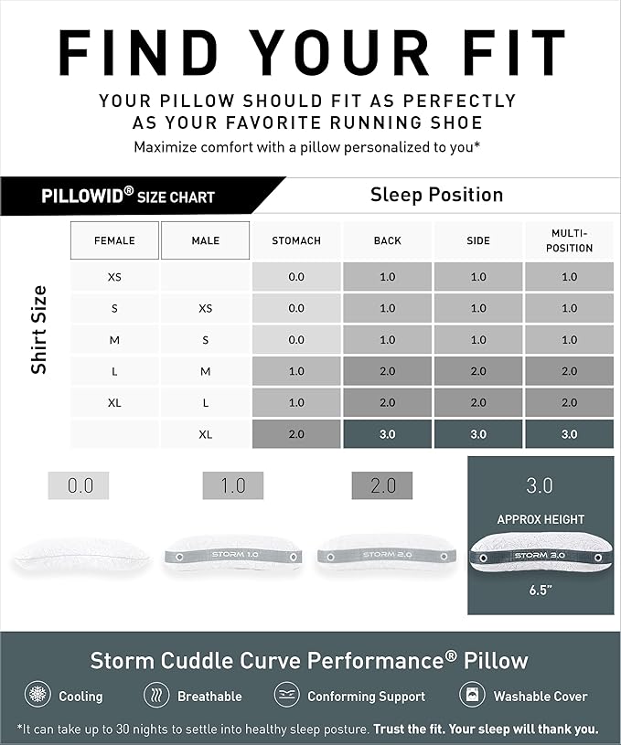 Bedgear Storm Cuddle Curve Performance Pillow - Size 3.0 - Cooling Bed Pillow for Side Sleepers - Medium Firmness- Washable and Removable Cover - 20" W x 26" L