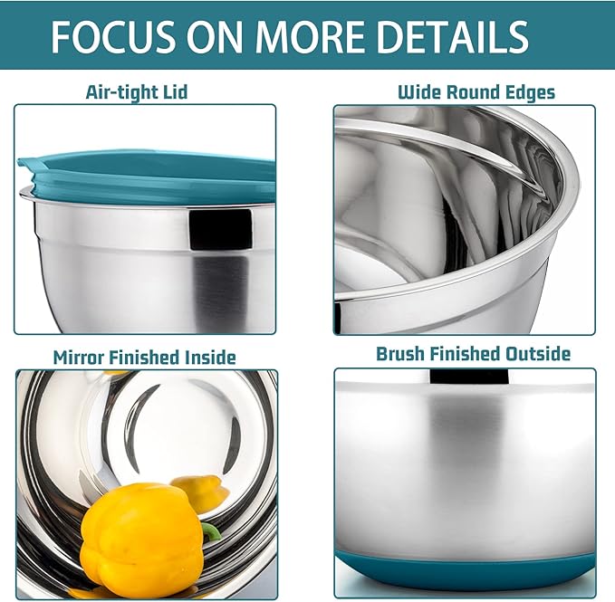 P&P CHEF Mixing Bowls With Lids, Set of 6, Stainless Steel Nesting Mixing Bowls & Fitting Lids & Non-Slip Silicone Bottom, Ideal for Mixing, Storing, Size 0.7/1/1.5/2.5/3/4.6 Qt, Blue