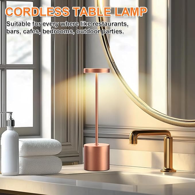 Rechargeable Table Lamp –Outdoor Touch Cordless Desk Lamps, 5000mAh Battery Operated Lamp with 3-Color Dimmable Light, Portable LED Lamp for Bedroom, Dining Room, Patio, Outdoor (Rose Gold)