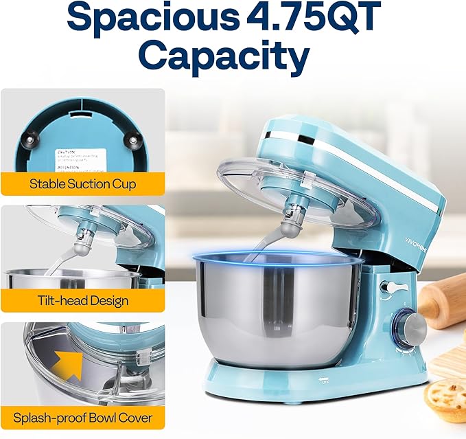 VIVOHOME 4.75 Quart Stand Mixer, 8 Speed Kitchen Electric Food Mixer, Household Stand Mixer for Baking, Cake, Bread with Beater, Dough Hook, Wire Whip and Egg Separator, Blue