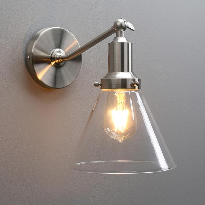 PERMO Industrial Vintage Slope Pole Wall Mount Single Sconce with Funnel Flared Clear Glass Shade Wall Sconce Light Lamp Fixture (Brushed)